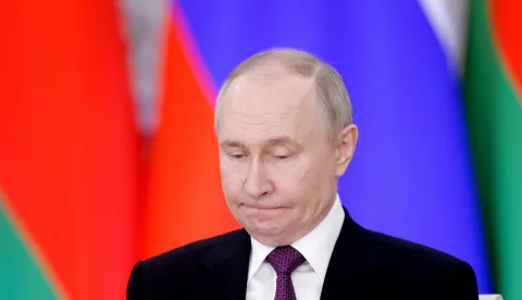 epa11961624 Russian President Vladimir Putin attends a press conference following a meeting with his Belarusian counterpart Alexander Lukashenko (not pictured) in Moscow, Russia, 13 March 2025. Lukashenko is on an official visit to Moscow. EPA/MAXIM SHEMETOV/POOL
