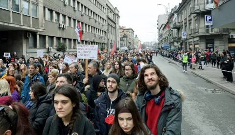 epa11932116 Protesters march during a student-led blockade demanding accountability for the victims of Novi Sad railway station canopy collapse, in Nis, Serbia, 01 March 2025. Fifteen people lost their lives in the collapse of the Novi Sad Railway Station canopy in November 2024. EPA/DJORDJE SAVIC