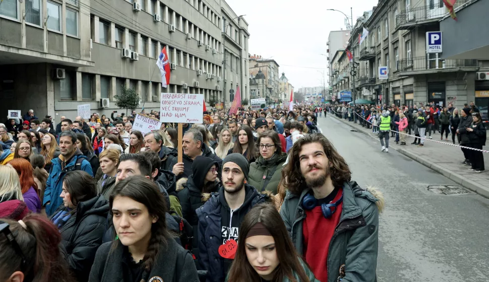 epa11932116 Protesters march during a student-led blockade demanding accountability for the victims of Novi Sad railway station canopy collapse, in Nis, Serbia, 01 March 2025. Fifteen people lost their lives in the collapse of the Novi Sad Railway Station canopy in November 2024. EPA/DJORDJE SAVIC