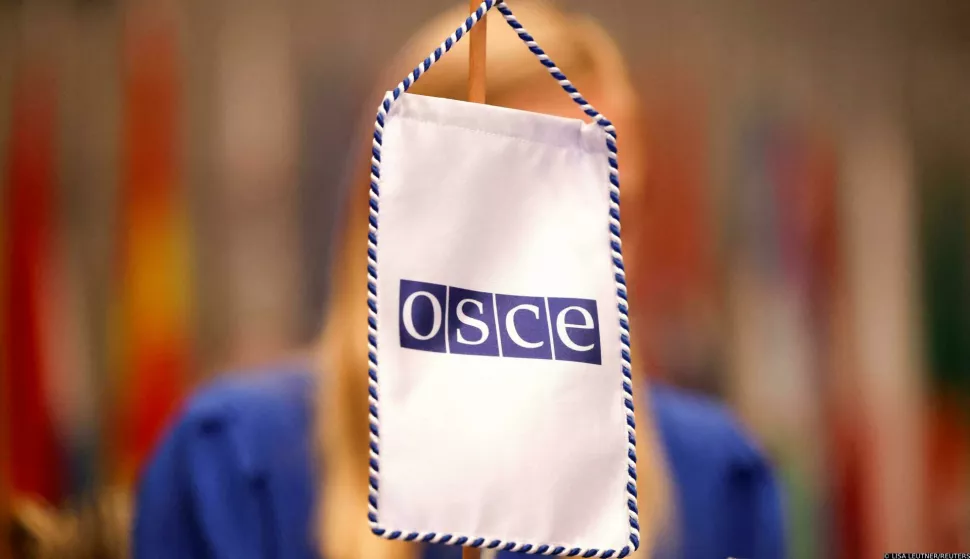 An Organization for Security and Co-operation in Europe (OSCE) sign is pictured as Finnish Foreign Minister and OSCE Chairperson-in-Office Elina Valtonen presents a programme for OSCE 2025 Chairpersonship in Vienna, Austria, January 23, 2025. REUTERS/Lisa Leutner Photo: LISA LEUTNER/REUTERS