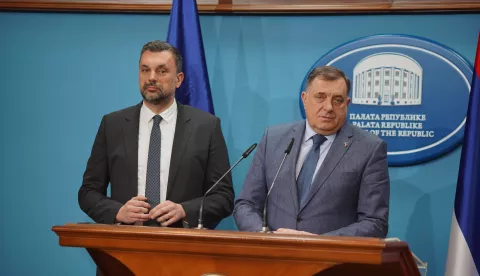 01.02.2023., Palata Republike, Banja Luka (BiH) – Predsjednik RS Milorad Dodik razgovarao je sa Elmedinom Konakovicem, novim ministrom vanjskih poslova BiH. Nakon sastanka je odrzana konferencija za novinare. Photo: Dejan Rakita/PIXSELL