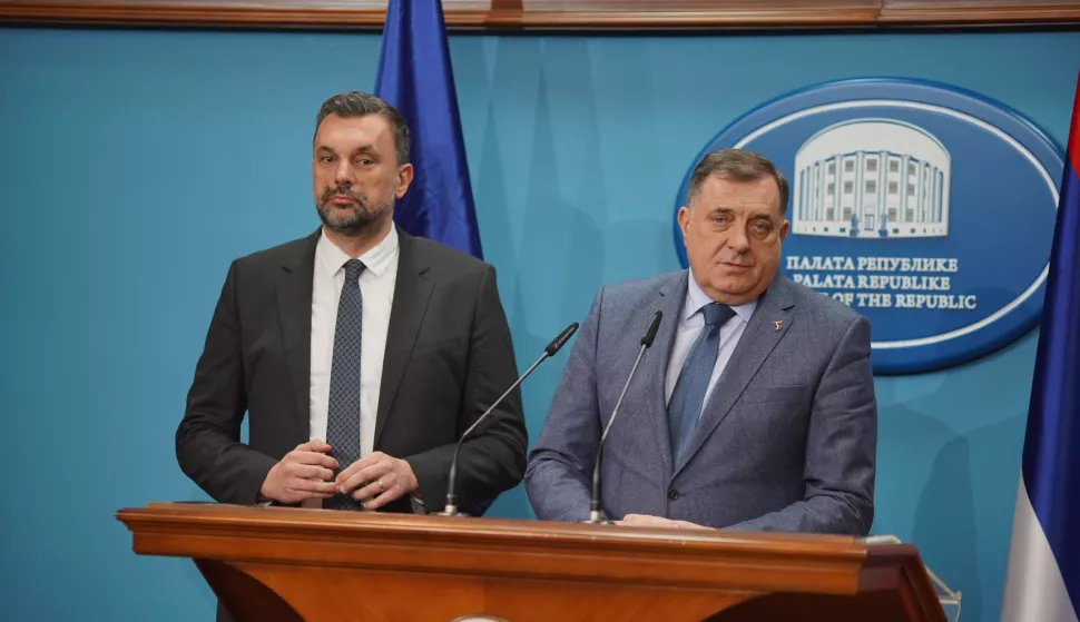 01.02.2023., Palata Republike, Banja Luka (BiH) – Predsjednik RS Milorad Dodik razgovarao je sa Elmedinom Konakovicem, novim ministrom vanjskih poslova BiH. Nakon sastanka je odrzana konferencija za novinare. Photo: Dejan Rakita/PIXSELL