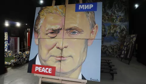 epa11958368 An artwork titled 'The Peace' (2017) by Russian artist Alexey Sergienko showing Russian President Vladimir Putin and US President Donald Trump is once again on display at the artist's gallery in St. Petersburg, Russia, 12 March 2025. The artist first showcased the painting in 2017 when the two Presidents met for the first time at the G20 summit in Hamburg. EPA/ANATOLY MALTSEV