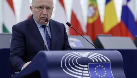 epa11954026 European Commissioner for Defense and Space Andrius Kubilius speaks during a debate on 'Effect of climate change on the EU's most vulnerable regions' at the European Parliament in Strasbourg, France, 10 March 2025. The EU Parliament's session runs from 10 till 13 March 2025. EPA/RONALD WITTEK
