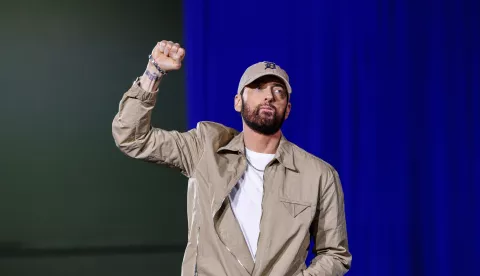 Eminem takes the stage at a rally with former President Barack Obama in Detroit, Mich., on Oct. 22, 2024. (Photo by Andrew Roth/Sipa USA) Photo: Andrew Roth/SIPA USA