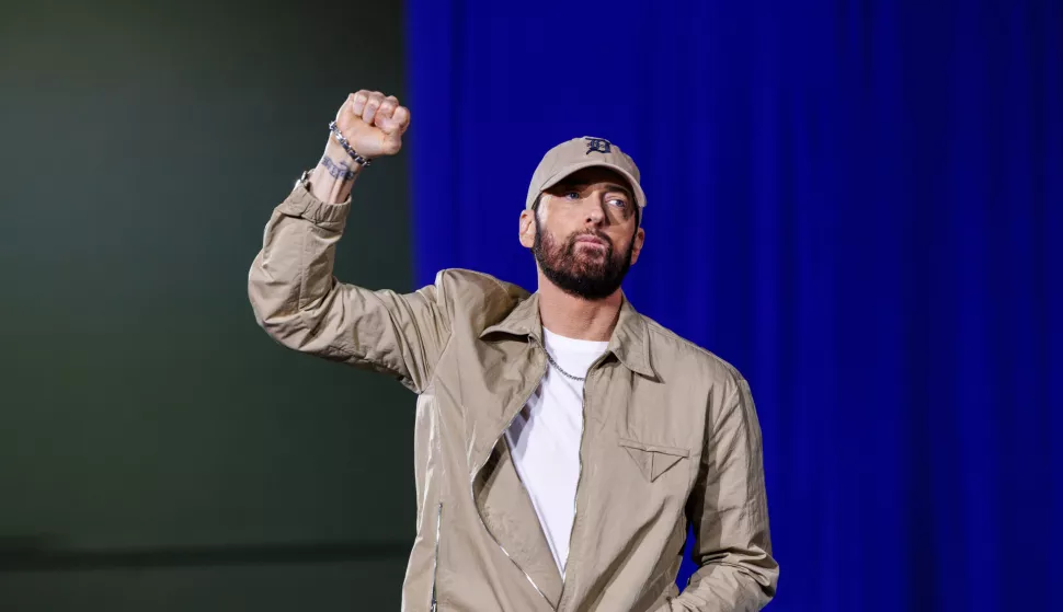 Eminem takes the stage at a rally with former President Barack Obama in Detroit, Mich., on Oct. 22, 2024. (Photo by Andrew Roth/Sipa USA) Photo: Andrew Roth/SIPA USA