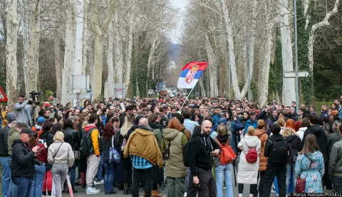 15.03.2025., Banja Luka - Prosvjed studenata u Banja Luci u kampusu, povodom podrske studentima u Beogradu. Okupilo se nekoliko stotina prosvjednika u kampusu bez policije i osiguranja. Photo: Matija Habljak/PIXSELL