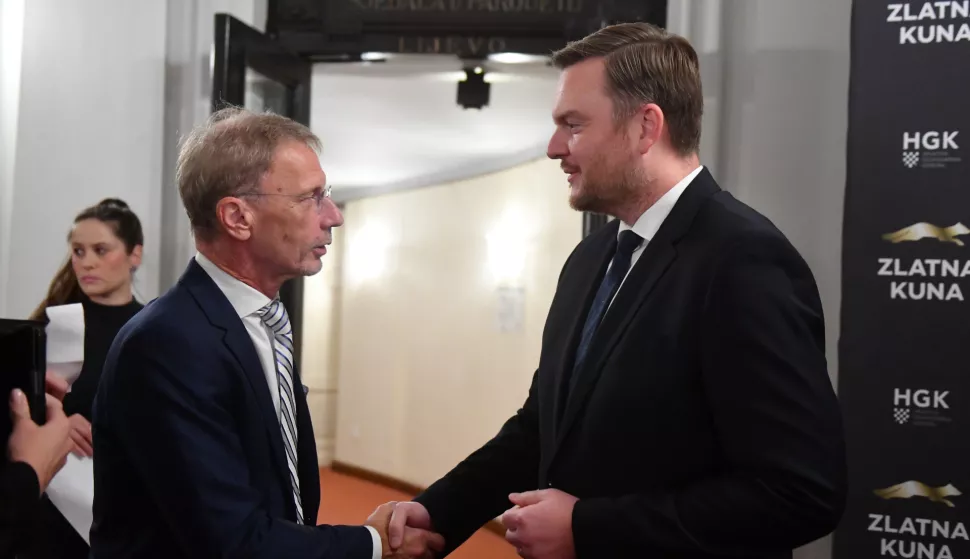 10.10.2024., Hrvatsko Narodno Kazaliste, Zagreb - Dodjela nagrada Zlatne Kune od Hrvatske Gospodarske Komore. Boris Vujcic i Marko Primorac. Photo: Josip Mikacic/PIXSELL