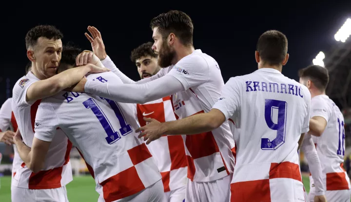 Split, 20.03.2025. - Prvi dvoboj ?etvrtfinala nogometne Lige nacija Hrvatska - Francuska. Na slici hrvatski nogometa?i slave pogodak Ivana Peri?i?a za 2:0. foto HINA/ Damir SEN?AR/ ua