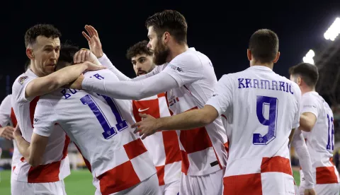 Split, 20.03.2025. - Prvi dvoboj ?etvrtfinala nogometne Lige nacija Hrvatska - Francuska. Na slici hrvatski nogometa?i slave pogodak Ivana Peri?i?a za 2:0. foto HINA/ Damir SEN?AR/ ua