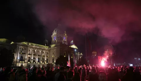 15.03.2025., Beograd, Srbija - Studentski prosvjed "15. za 15" poceo je kod Skupstine Srbije. Kasnije je donesena odluka kako ce se glavni dio odrzati na Slaviji, stoga su svi okupljeni kod Skupstine krenuli prema Slaviji. Photo: Dejan Rakita/PIXSELL