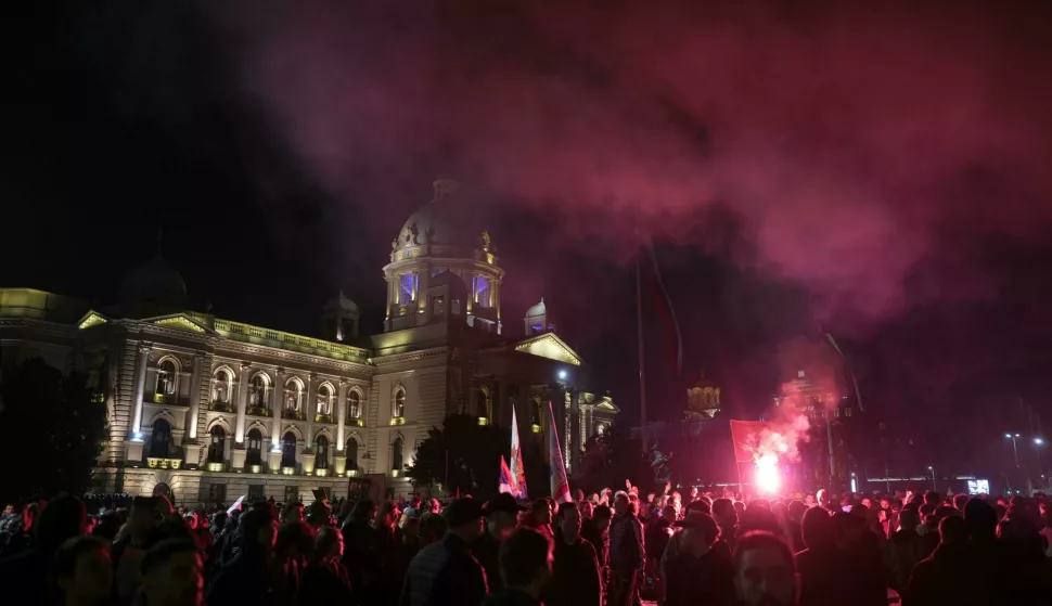 15.03.2025., Beograd, Srbija - Studentski prosvjed "15. za 15" poceo je kod Skupstine Srbije. Kasnije je donesena odluka kako ce se glavni dio odrzati na Slaviji, stoga su svi okupljeni kod Skupstine krenuli prema Slaviji. Photo: Dejan Rakita/PIXSELL