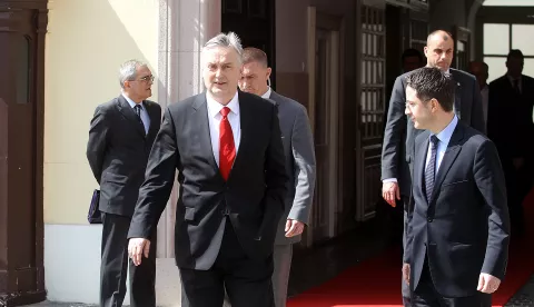 04.04.2012., Markov trg, Vlada, Zagreb - Zamjenik predsjedavajuceg Vijeca ministara i ministra vanjskih poslova BiH Zlatko Lagumdzija izlazi iz zgrade Vlade nakon sastanka s prvim potpredsjednikom Vlade Republike Hrvatske i ministrom gospodarstva Radimirom Cacicem. Photo: Goran Stanzl/PIXSELL