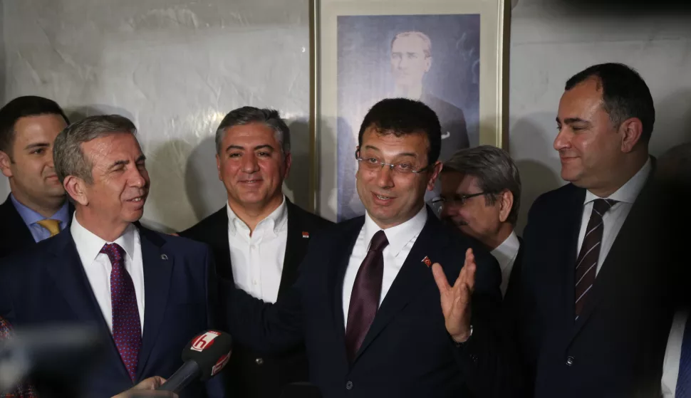 epa07480600 Candidates of main opposition Republican People's Party (CHP) for Ankara mayor Mansur Yavas (L) and for Istanbul mayor Ekrem Imamoglu (C) attend a press conference in Ankara, Turkey, 02 April 2019. According to preliminary results, CHP candidate for Istanbul mayor, Ekrem Imamoglu, beat the AKP candidate Binali Yildirim, by 25,000 votes in what was viewed as a blow to President Recep Tayyip Erdogan's grip on power, as the ruling party, an Islamist conservative outfit, also lost the capital, Ankara. EPA/STRINGER