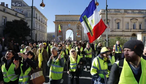 epa07345629 Protestors attend a nationwide general strike in Montpellier, France, 05 February 2019. French labor union General Confederation of Labor (CGT) called for a nationwide general strike in the public and private sector in support of the 'yellow vest' (gilet jaunes) movement. EPA/GUILLAUME HORCAJUELO