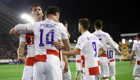 Split, 20.3.2025.- Prvi dvoboj ?etvrtfinala nogometne Lige nacija Hrvatska - Francuska. Na slici Ante Budimir slavi pogodak. foto HINA/ Damir SEN?AR/ ua