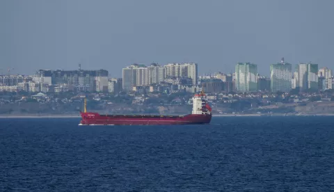 epa10897782 The Maranta bulk carrier near the sea port of Odesa, Ukraine, 03 October 2023. The Maranta and Equator bulk carriers have entered the sea port of Odesa, using a temporary corridor for civilian vessels in the Black Sea established by the Ukrainian Navy after Russia's withdrawal from a grain deal. EPA/IGOR TKACHENKO
