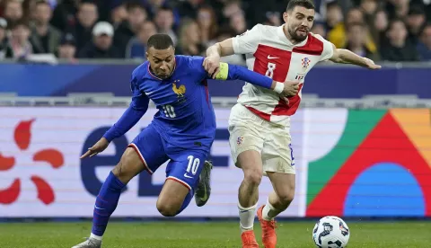 23.03.2025., Pariz, Francuska - UEFA Liga nacija, cetvrtfinale, druga utakmica, Francuska - Hrvatska. Kylian Mbappe, Mateo Kovacic Photo: Icon Sport/PIXSELL