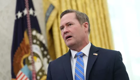 epa11947517 National Security Advisor Michael Waltz speaks as United States President Donald J Trump makes a statement on jobs in the Oval Office of the White House in Washington, DC, USA, 07 March 2025. February jobs report by Bureau of Labor Statistics reported the US added 151,000 jobs. EPA/CHRIS KLEPONIS/POOL