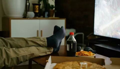 nezdrav način života, kauč, pizza, čips, cola