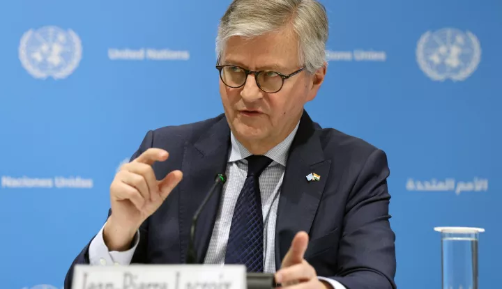 epa11925540 UN Under-Secretary-General for Peace Operations Jean-Pierre Lacroix addresses a press conference in New Delhi, India, 26 February 2025. Lacroix attended the conference 'Women in Peacekeeping: A Global South Perspective' during his visit to India. EPA/RAJAT GUPTA