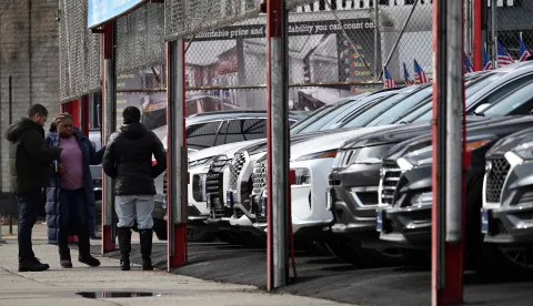 United States flags are set on used cars at a dealership in the Queens borough of New York City, NY, February 3, 2025. President Trump imposed 25% tariff on imports from Mexico and Canada due to take effect after midnight on February 2, but was reminded levies as both countries committed to enforcing control at their borders; Mexico agreed to send 10,00 troops and Canada invest .3b at the shared crossings. Canada is a large supplies of car parts. (Photo by Anthony Behar/SipaUSA) Photo: Anthony Behar/SIPA USA