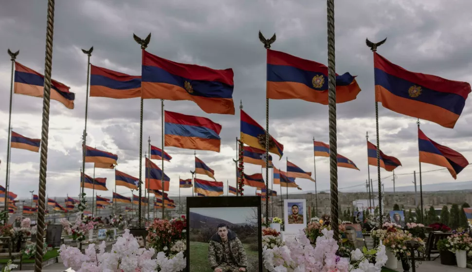 Citizens of Armenia visit Yerablur Military Pantheon, a military cemetery located on the outskirts of Yerevan on May 8, 2023. Soldiers who lost their lives during first two Nagorno-Karabakh wars are buried at this location as well those who passed in recent clashes. Between 12 and 14 of September 2022, a series of clashes erupted between Armenian and Azerbaijani troops along the border, marking a major escalation resulting in nearly 300 deaths and dozens of injuries on both sides. Every year citizens come to Yerablur to pay respect to their loved ones who lost their lives. Azerbaijan is currently occupying at least 215 square kilometers of Armenian territory and has not withdrawn its troops from internationally recognized Armenian territory despite calls to do so by the European Parliament, United States and France. Photo by Anthony Pizzoferrato/Middle East Images/ABACAPRESS.COM Photo: Middle East Images/ABACA/ABACA