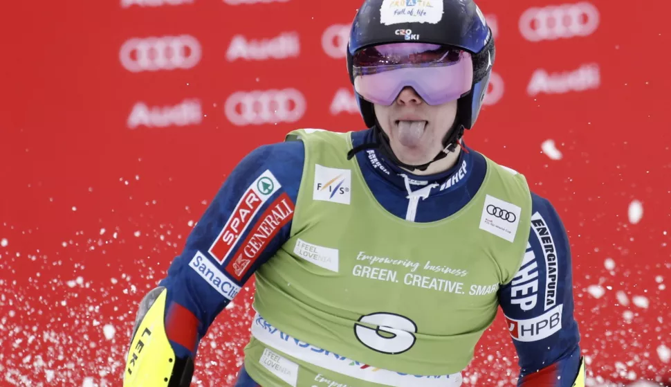 epa11931996 Filip Zubcic of Croatia reacts in the finish area during the Men's Giant Slalom at the FIS Alpine Skiing World Cup stop in Kranjska Gora, Slovenia, 01 March 2025. EPA/ANTONIO BAT
