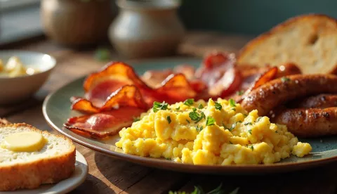 Traditional breakfast plate with scrambled eggs, bacon, sausages, and buttered toast