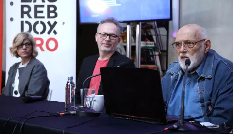 Zagreb, 19.03.2025 - Konferencija za novinare u povodu 21. međunarodnog festivala dokumentarnog filma ZagrebDoxa. Na fotografiji izvršni direktor Hrvoje Pukšec i umjetnički direktor festivala Nenad Puhovski.foto HINA/ Denis CERIĆ /dc