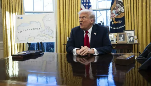 United States President Donald J Trump announces a 25% tariff on imports of automobiles and certain automobile parts in the Oval Office of the White House in Washington, DC, US, on Wednesday, March 26, 2025. Credit: Francis Chung/Pool via CNP