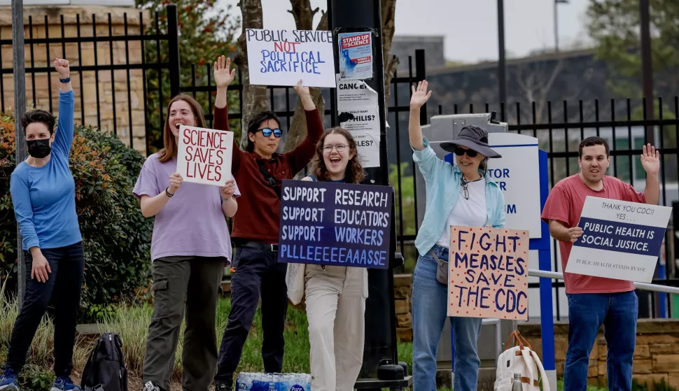 epa11997566 People participate in a protest outside the headquarters of the US Centers for Disease Control and Prevention (CDC) in Atlanta, Georgia, USA, 29 March 2025. The Trump administration has previously announced jobs cuts of nearly 1,300 people at the CDC. The Health and Human Services Department has also announced new job reductions of 10,000 workers. EPA/ERIK S. LESSER