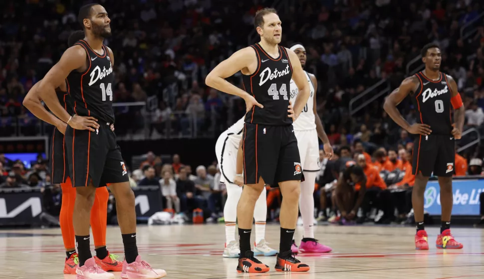 Dec 26, 2023; Detroit, Michigan, USA; Detroit Pistons guard Alec Burks (14), forward Bojan Bogdanovic (44), and center Jalen Duren (0) look on during the second half against the Brooklyn Nets at Little Caesars Arena. Mandatory Credit: Rick Osentoski-USA TODAY Sports/Sipa USA Photo: USA Today Sports/SIPA USA