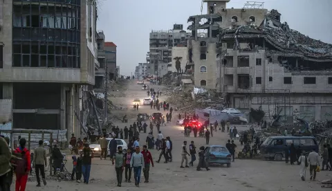 epa12003919 Internally displaced Palestinians walk along a street near the rubble of destroyed buidlings after fleeing northern Gaza following an Israeli army evacuation order, in Gaza City, Gaza Strip, 01 April 2025. More than 50,000 Palestinians have been killed in the Gaza Strip, according to the Palestinian Ministry of Health, since Israel launched a military campaign in the strip in response to a cross-border attack led by the Palestinian militant group Hamas on 07 October 2023, in which about 1,200 Israelis were killed and more than 250 taken hostage. EPA/MOHAMMED SABER