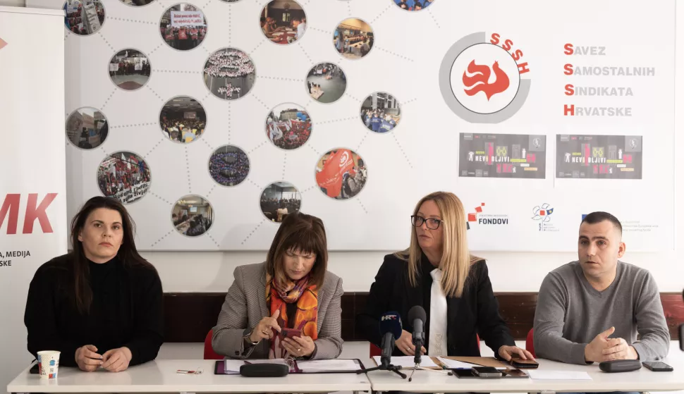 Zagreb, 2.4.2025 - Konferencija za medije povodom najave prosvjeda odgojitelja i drugih zaposlenika dječjih vrtića. Na slici Anamarija Kopf, Božica Žilić, Katarina Turković Gulin i Bojan Pilipović.Foto Hina/ Dario GRZELJ/ dag
