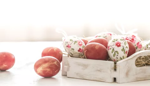 Easter background with a basket and red eggs with flowers, the bright interior, the concept of the Easter holidaysuskrs, bojanje farbanje jaja, jaje, košara, majka kći, zečica, ilustracijafreepik 