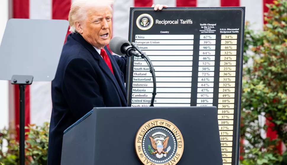 President Donald Trump with a chart of reciprocal tariffs at a "Liberation Day" event where the president signed an executive order creating reciprocal tariffs, in the Rose Garden at the White House in Washington, D.C. (Photo by Michael Brochstein/Sipa USA) Photo: Michael Brochstein/SIPA USA
