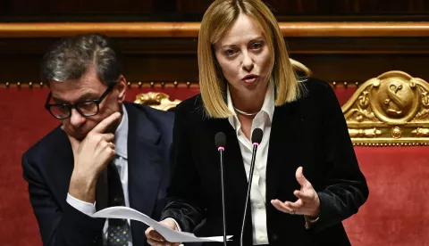 epa11972184 Italian Prime Minister Giorgia Meloni (R) speaks next to Italian Minister of Economy Giancarlo Giorgetti (L) as she reports at the Senate on the upcoming European Council meeting, in Rome, Italy, 18 March 2025. EPA/RICCARDO ANTIMIANI