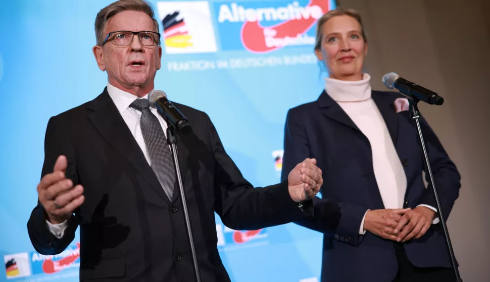 epa11985803 Alternative for Germany (AfD) party and faction co-chairwoman Alice Weidel (R) and Alternative for germany (AfD) candidate for the office of German Parliament 'Bundestag' vice-president Gerold Otten make a press statement after a parliamentary group meeting in Berlin, Germany, 24 March 2025. EPA/CLEMENS BILAN