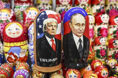 epa11892745 Traditional Russian wooden dolls Matryoshka depicting Russian President Vladimir Putin and US President Donald Trump are displayed for sale at a souvenir shop in Moscow, Russia, 13 February 2025. Russia has begun preparing a negotiating group to organize a meeting between the presidents of Russia and the United States, Russian presidential press secretary Dmitry Peskov said. The day before, Putin and Trump had a telephone conversation. EPA/MAXIM SHIPENKOV