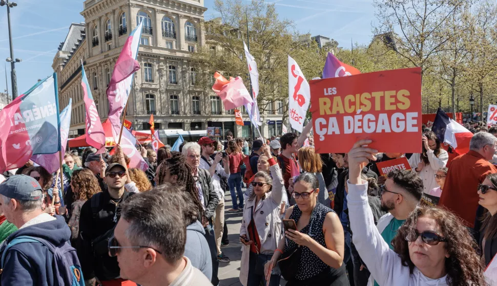 epa12013363 People gather to protest against the Rassemblement National after the leader of the far right party Marine Le Pen got convicted, at Republique square, in Paris, France, 06 April 2025. The rally, organized by France's left parties, takes place at the same time as a support rally for Marine Le Pen. On 31 March Paris court banned Le Pen from running for a public office for five years. She was also handed a 100,000 euro fine and four-year prison sentence, of which two will be suspended. EPA/SADAK SOUICI