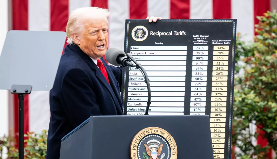 President Donald Trump with a chart of reciprocal tariffs at a "Liberation Day" event where the president signed an executive order creating reciprocal tariffs, in the Rose Garden at the White House in Washington, D.C. (Photo by Michael Brochstein/Sipa USA) Photo: Michael Brochstein/SIPA USA