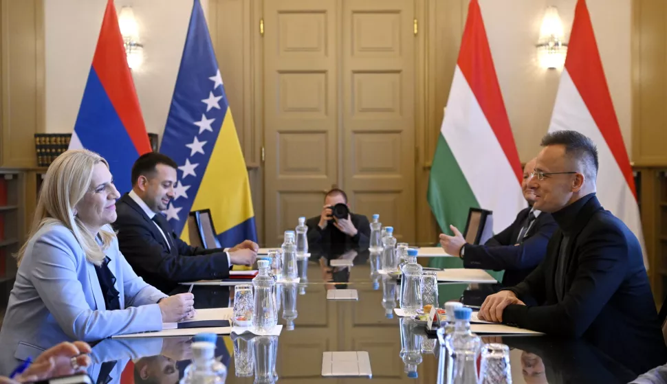 epa12020857 Serbian member and Chairman of the tripartite Presidency of Bosnia and Herzegovina Zeljka Cvijanovic (L) and Hungarian Minister of Foreign Affairs and Trade Peter Szijjarto (R) hold a meeting in in Budapest, Hungary, 09 April 2025. EPA/Tamas Purger HUNGARY OUT