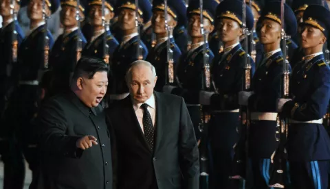 State visit of Russian President Vladimir Putin to the Democratic People's Republic of Korea (DPRK). Russian President Vladimir Putin (right) and Chairman of State Affairs of the Democratic People's Republic of Korea (DPRK) Kim Jong-un (left) at Pyongyang Airport after Vladimir Putin's state visit to the DPRK.19.06.2024 Korea, North, PyongyangPhoto credit: Dmitry Azarov/Kommersant/Sipa USA Photo: Kommersant Photo Agency/SIPA USA