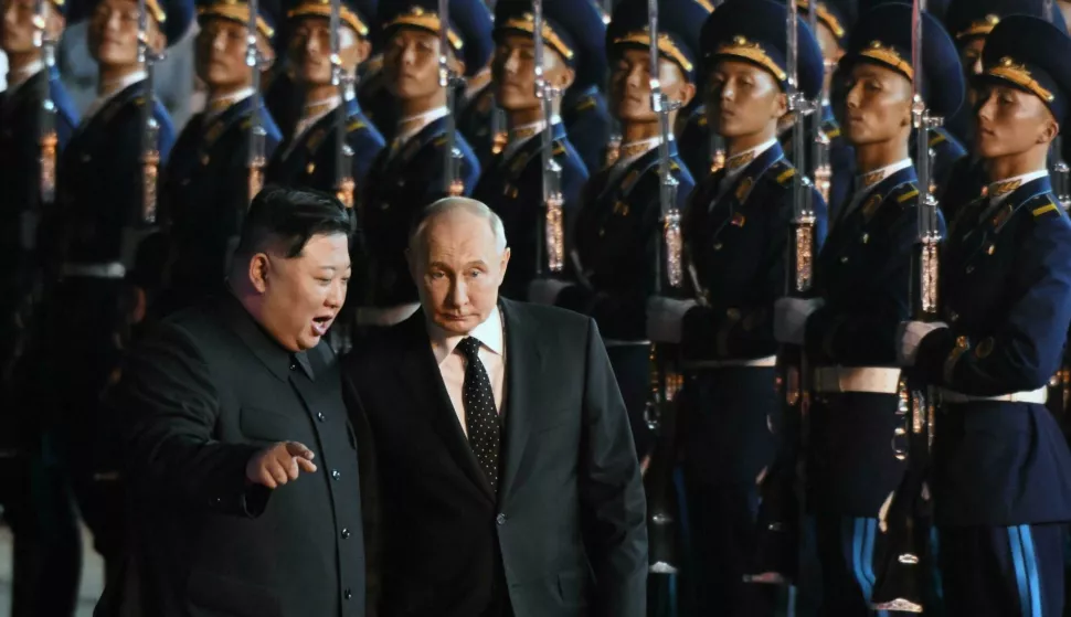 State visit of Russian President Vladimir Putin to the Democratic People's Republic of Korea (DPRK). Russian President Vladimir Putin (right) and Chairman of State Affairs of the Democratic People's Republic of Korea (DPRK) Kim Jong-un (left) at Pyongyang Airport after Vladimir Putin's state visit to the DPRK.19.06.2024 Korea, North, PyongyangPhoto credit: Dmitry Azarov/Kommersant/Sipa USA Photo: Kommersant Photo Agency/SIPA USA