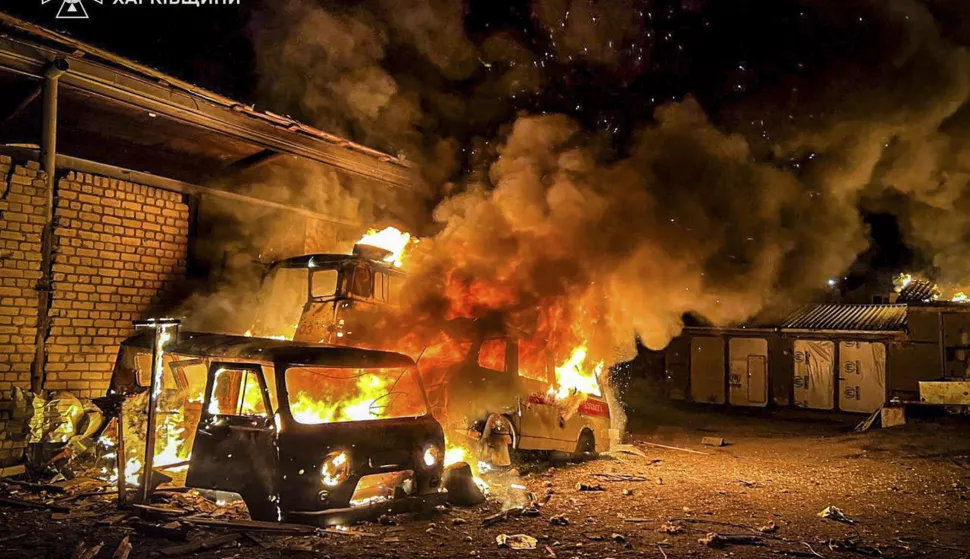 epa12024401 A handout photo made available by the State Emergency Service shows Ukrainian rescuers working at the site of the glide bomb attacks in Kupiansk, Kharkiv region, Ukraine, 11 April 2025, amid the ongoing Russian invasion. At least three people were injured after overnight Russian shelling in the Kharkiv region, the State Emergency Service said. EPA/STATE EMERGENCY SERVICE/HANDOUT HANDOUT EDITORIAL USE ONLY/NO SALES