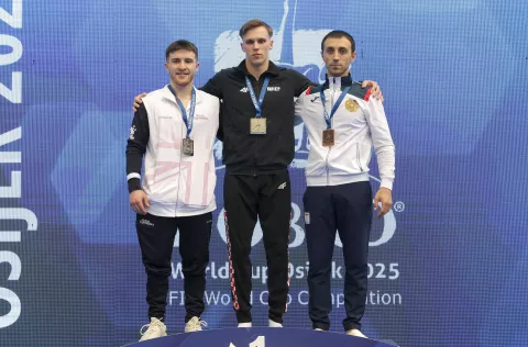 Osijek, 13. 04. 2025., Dvorana Gradski vrt, DOBRO World Cup, DOBRO World Cup 2025, finale, finale nedjelja, preskok, Hepworth Harry; Aurel Benović; Davtyan ArturSNIMIO BRUNO JOBST