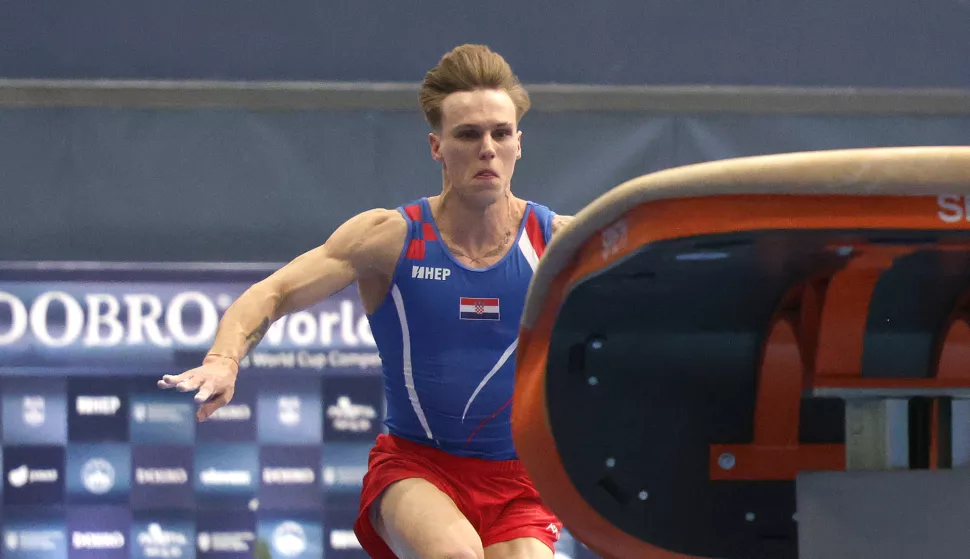 Osijek, 13. 04. 2025., Dvorana Gradski vrt, DOBRO World Cup, DOBRO World Cup 2025, finale, finale nedjelja, preskok, Aurel BenovićSNIMIO BRUNO JOBST