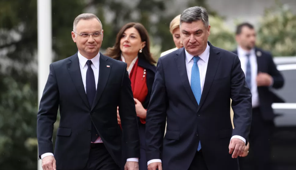 Zagreb, 15.04.2025 - Predsjednik Republike Hrvatske Zoran Milanović primio je predsjednika Republike Poljske Andrzeja Dudu koji boravi u službenom posjetu Republici Hrvatskoj. Na slici Zoran Milanović, Andrzej Duda, Sanja Musić Milanović, Agata Kornhauser-Duda.foto HINA/ Damir SENČAR/ ds