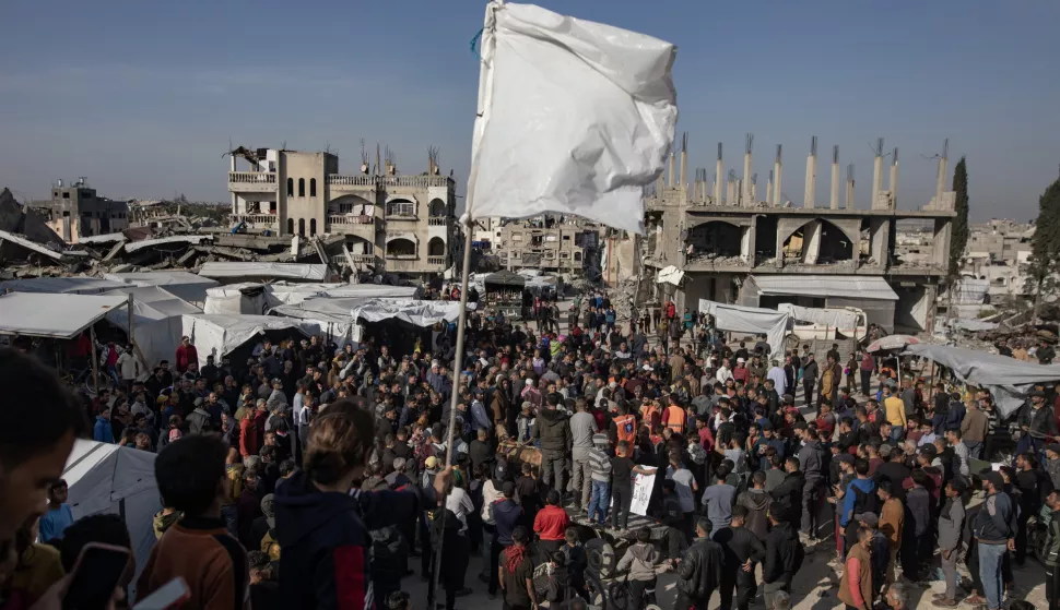 epa11989721 Palestinians chant anti-Hamas slogans as they gather among the rubble of destroyed buildings to demand an end to the ongoing Israel-Hamas war, in Beit Lahia, northern Gaza Strip, 26 March 2025. More than 50,000 Palestinians and over 1,400 Israelis have been killed, according to the Palestinian Health Ministry and the Israel Defense Forces (IDF), since Hamas militants launched an attack against Israel from the Gaza Strip on 07 October 2023, and the Israeli operations in Gaza and the West Bank which followed it. EPA/HAITHAM IMAD